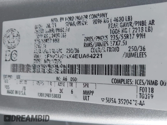 2014 Ford Escape SE с VIN 1FMCU0GX4EUA64221, выставлен на аукционе IAAI как лот 41425001 с пробегом Не указан миль и . История ставок и продаж доступна на DreamBid. Изображение 9.