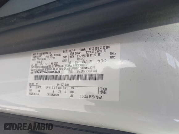 2019 Ford Transit Passenger XL with VIN 1FBAX2CM4KKB54426, listed as a IAAI auction lot 41579139 with 103,337 mi miles. Bid and sale history available at carsss.com. Image 9.
