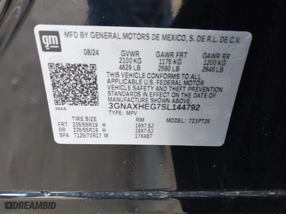 2025 Chevrolet Equinox FWD LT with VIN 3GNAXHEG7SL144792, listed as a IAAI auction lot 41482053 with 3,308 mi miles. Bid and sale history available at carsss.com. Image 9.