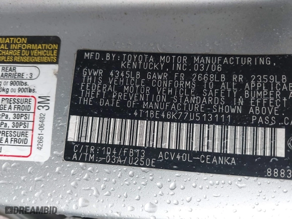 2007 Toyota Camry CE with VIN 4T1BE46K77U513111, listed as a IAAI auction lot 41561545 with 310,776 mi miles. Bid and sale history available at carsss.com. Image 9.