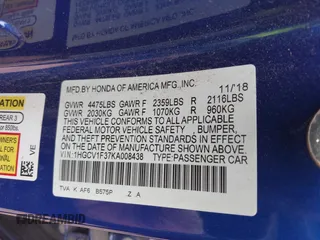 2019 Honda Accord Sport with VIN 1HGCV1F37KA008438, listed as a IAAI auction lot 41840666 with 99,895 mi miles and . Bid and sale history available at DreamBid. Image 9.