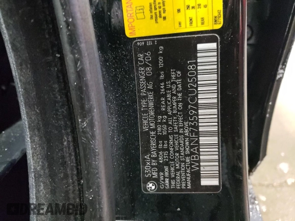 2007 BMW 5 Series 530xi with VIN WBANF73597CU25081, listed as a Copart auction lot 45672795 with 76,894 mi miles and Salvage Title. Bid and sale history available at carsss.com. Image 12.