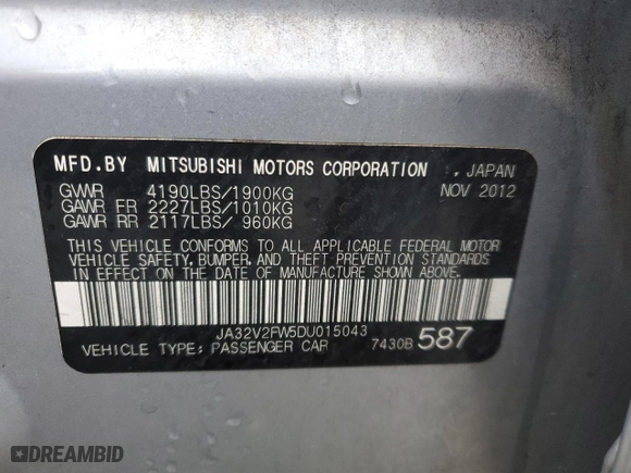 2013 Mitsubishi Lancer SE with VIN JA32V2FW5DU015043, listed as a Copart auction lot 85255194 with 133,654 mi miles and Salvage Title. Bid and sale history available at carsss.com. Image 12.