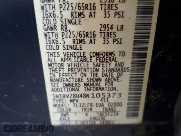 2008 Nissan Quest SL with VIN 5N1BV28U48N105373, listed as a Copart auction lot 84590254 with 162,938 mi miles and Clean Title. Bid and sale history available at carsss.com. Image 13.
