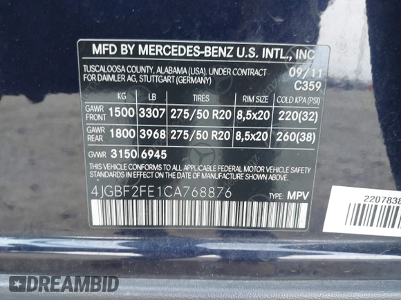 2012 Mercedes-Benz GL 350 with VIN 4JGBF2FE1CA768876, listed as a IAAI auction lot 41612274 with 104,718 mi miles and . Bid and sale history available at DreamBid. Image 9.