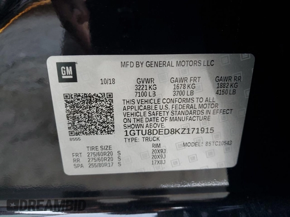2019 GMC Sierra 1500 with VIN 1GTU8DED8KZ171915, listed as a Copart auction lot 81187484 with 83,643 mi miles and Salvage Title. Bid and sale history available at DreamBid. Image 12.