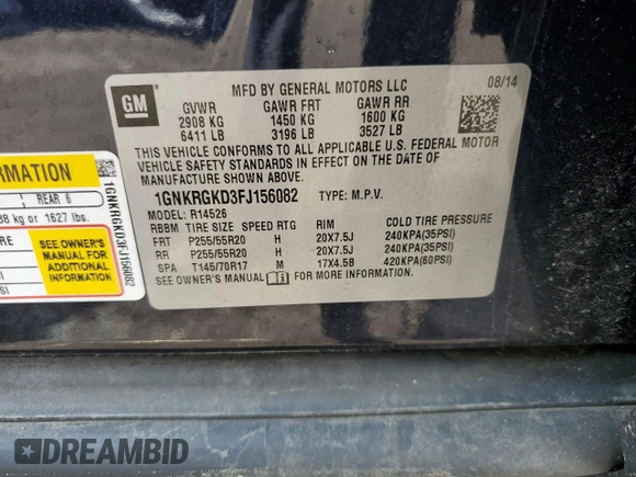 2015 Chevrolet Traverse LT with VIN 1GNKRGKD3FJ156082, listed as a Copart auction lot 56912825 with 123,875 mi miles and Salvage title. Bid and sale history available at DreamBid. Image 14.
