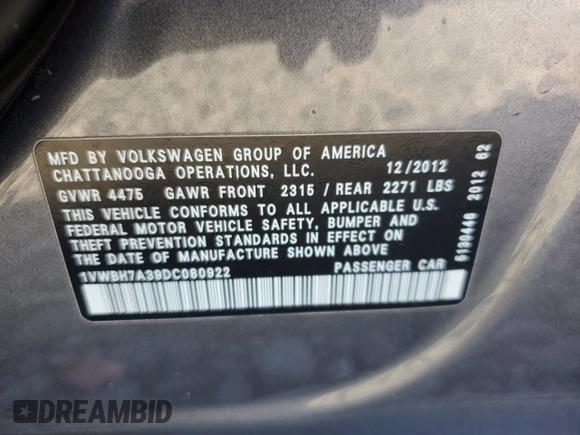 2013 Volkswagen Passat SE with VIN 1VWBH7A39DC080922, listed as a Copart auction lot 48491425 with 121,980 mi miles and Salvage title. Bid and sale history available at DreamBid. Image 12.