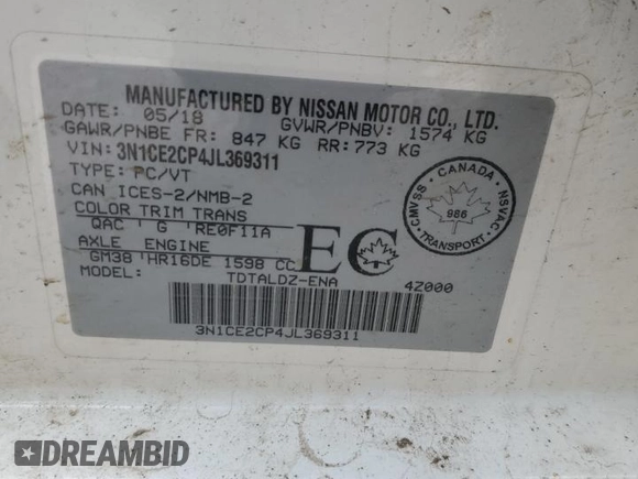 2018 Nissan Note SV with VIN 3N1CE2CP4JL369311, listed as a Copart auction lot 59320085 with 82,055 mi miles and Salvage title. Bid and sale history available at DreamBid. Image 12.
