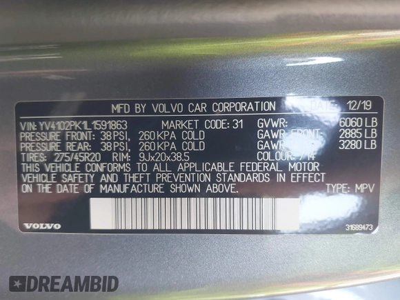 2020 Volvo XC90 Momentum with VIN YV4102PK1L1591863, listed as a IAAI auction lot 42034875 with 90,920 mi miles. Bid and sale history available at carsss.com. Image 9.