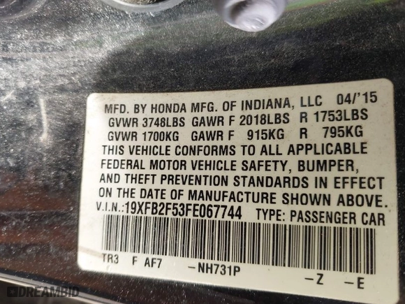 2015 Honda Civic Sedan LX with VIN 19XFB2F53FE067744, listed as a IAAI auction lot 42082935 with 151,553 mi miles. Bid and sale history available at carsss.com. Image 9.