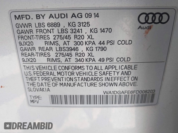 2015 Audi Q7 S line Prestige with VIN WA1DGAFE6FD008203, listed as a IAAI auction lot 42165490 with 111,158 mi miles and . Bid and sale history available at DreamBid. Image 9.