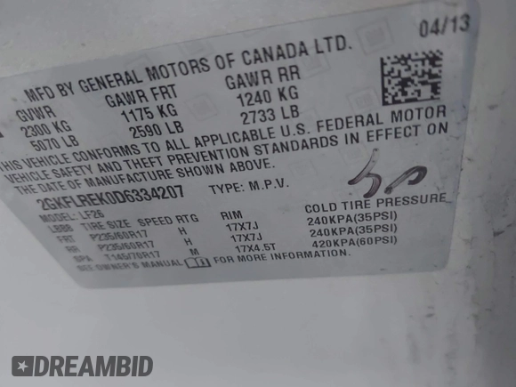2013 GMC Terrain SLE with VIN 2GKFLREK0D6334207, listed as a IAAI auction lot 42622510 with 155,399 mi miles and . Bid and sale history available at DreamBid. Image 9.