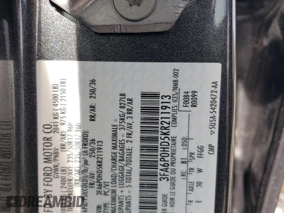 2019 Ford Fusion SE with VIN 3FA6P0HD5KR211913, listed as a Copart auction lot 78167934 with 117,867 mi miles and Salvage Title. Bid and sale history available at DreamBid. Image 12.