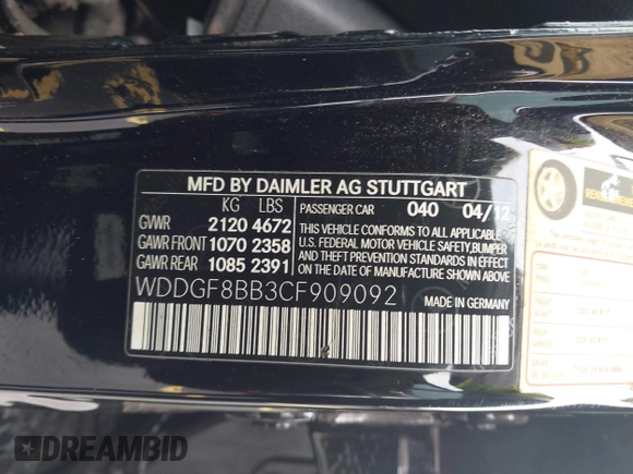 2012 Mercedes-Benz C 300 Sport with VIN WDDGF8BB3CF909092, listed as a IAAI auction lot 42437102 with 131,386 mi miles and . Bid and sale history available at DreamBid. Image 9.