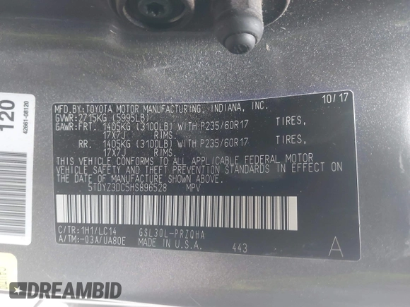 2017 Toyota Sienna XLE Auto Access Seat with VIN 5TDYZ3DC5HS896528, listed as a IAAI auction lot 41904468 with 49,660 mi miles and . Bid and sale history available at DreamBid. Image 9.