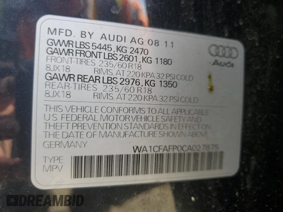 2012 Audi Q5 Premium with VIN WA1CFAFP0CA027875, listed as a Copart auction lot 46465245 with 110,856 mi miles and Salvage title. Bid and sale history available at DreamBid. Image 13.