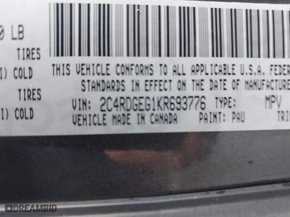 2019 Dodge Grand Caravan GT with VIN 2C4RDGEG1KR693776, listed as a IAAI auction lot 41916331 with 113,425 mi miles. Bid and sale history available at carsss.com. Image 9.