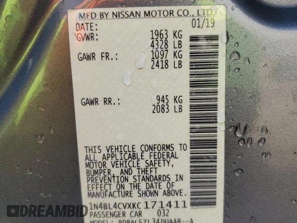 2019 Nissan Altima 2.5 SR with VIN 1N4BL4CVXKC171411, listed as a Copart auction lot 46815405 with 131,677 mi miles and Salvage Title. Bid and sale history available at carsss.com. Image 12.