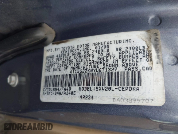 2000 Toyota Camry CE с VIN 4T1BG22K0YU671327, выставлен на аукционе IAAI как лот 42456202 с пробегом 132 330 миль миль и . История ставок и продаж доступна на DreamBid. Изображение 9.