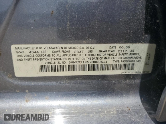 2007 Volkswagen Jetta 2.5 with VIN 3VWRG71K57M000611, listed as a Copart auction lot 55950635 with Not provided miles and Salvage title. Bid and sale history available at DreamBid. Image 13.