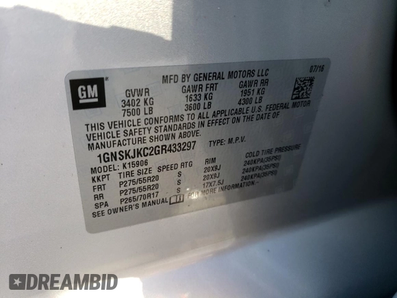 2016 Chevrolet Suburban LTZ with VIN 1GNSKJKC2GR433297, listed as a Copart auction lot 65443682 with Not Provided miles and . Bid and sale history available at DreamBid. Image 10.