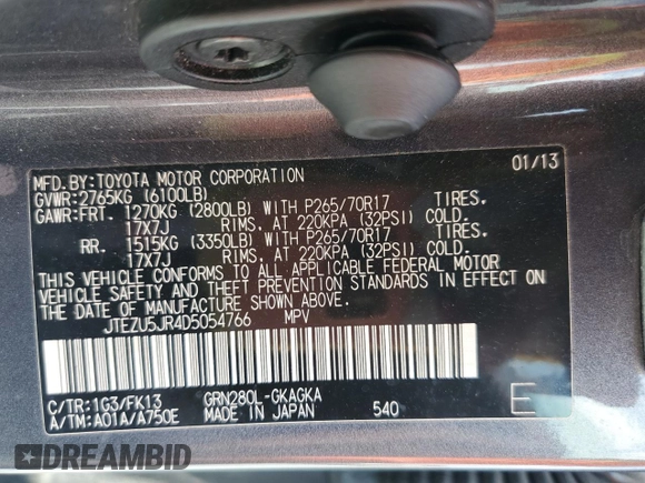 2013 Toyota 4Runner SR5 with VIN JTEZU5JR4D5054766, listed as a Copart auction lot 54129795 with Not Provided miles and Non Repairable. Bid and sale history available at DreamBid. Image 13.