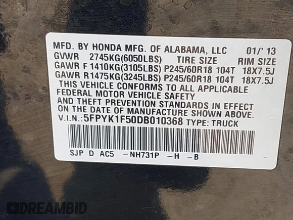 2013 Honda Ridgeline RTL with VIN 5FPYK1F50DB010368, listed as a IAAI auction lot 42048645 with 131,399 mi miles and . Bid and sale history available at DreamBid. Image 9.