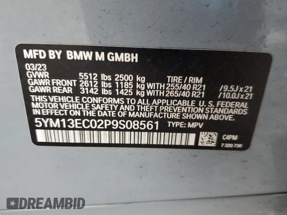 2023 BMW X3 M with VIN 5YM13EC02P9S08561, listed as a Copart auction lot 81371134 with 15,589 mi miles and Salvage title. Bid and sale history available at DreamBid. Image 14.