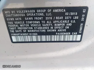 2013 Volkswagen Passat S with VIN 1VWAP7A30DC101350, listed as a IAAI auction lot 41846928 with 307,166 mi miles. Bid and sale history available at carsss.com. Image 9.
