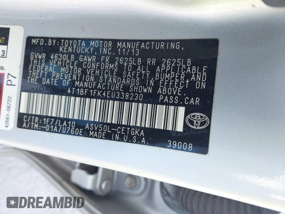 2014 Toyota Camry L with VIN 4T1BF1FK4EU338230, listed as a IAAI auction lot 41797002 with 162,611 mi miles. Bid and sale history available at carsss.com. Image 9.