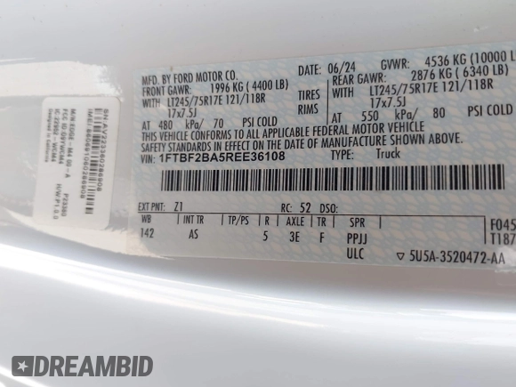 2024 Ford F-250 XL with VIN 1FTBF2BA5REE36108, listed as a IAAI auction lot 42106164 with 20,965 mi miles and . Bid and sale history available at DreamBid. Image 7.