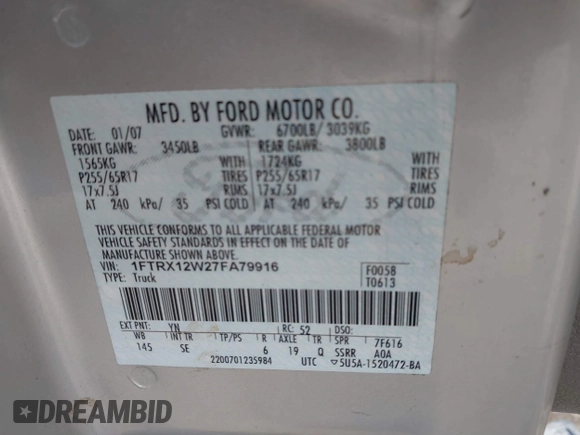 2007 Ford F-150 STX with VIN 1FTRX12W27FA79916, listed as a IAAI auction lot 41581837 with 209,945 mi miles and . Bid and sale history available at DreamBid. Image 9.