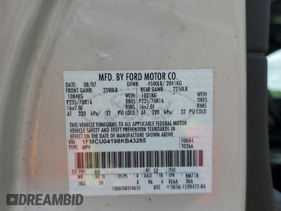 2008 Ford Escape Limited with VIN 1FMCU04198KB43285, listed as a Copart auction lot 55330325 with 240,648 mi miles and Salvage title. Bid and sale history available at DreamBid. Image 12.