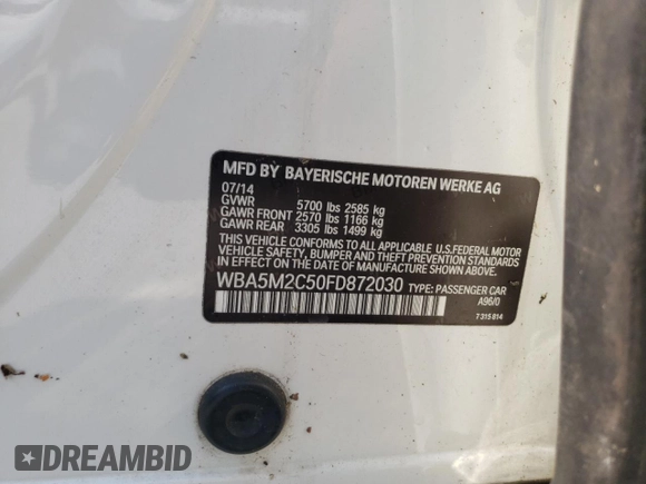 2015 BMW 5 Series 535i Gran Turismo with VIN WBA5M2C50FD872030, listed as a Copart auction lot 75757894 with 115,707 mi miles and Salvage title. Bid and sale history available at DreamBid. Image 12.