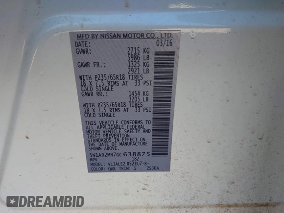 2016 Nissan Pathfinder S with VIN 5N1AR2MN7GC638875, listed as a IAAI auction lot 41996143 with 92,637 mi miles and . Bid and sale history available at DreamBid. Image 9.