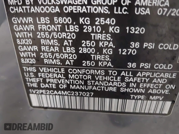 2021 Volkswagen Atlas SE with VIN 1V2PE2CA4MC237027, listed as a IAAI auction lot 41715979 with 38,306 mi miles and . Bid and sale history available at DreamBid. Image 9.