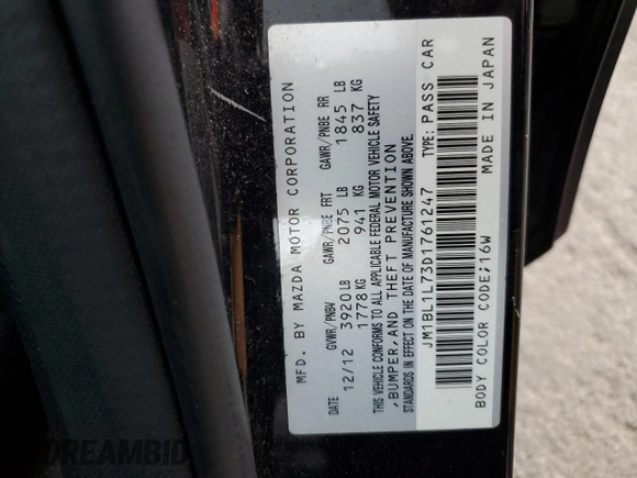 2013 Mazda 3 i Touring with VIN JM1BL1L73D1761247, listed as a Copart auction lot 62831295 with 142,184 mi miles and Salvage title. Bid and sale history available at DreamBid. Image 12.