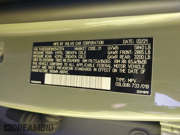 2021 Volvo XC40 with VIN YV4ED3UR3M2547274, listed as a IAAI auction lot 42328137 with 28,585 mi miles and . Bid and sale history available at DreamBid. Image 9.