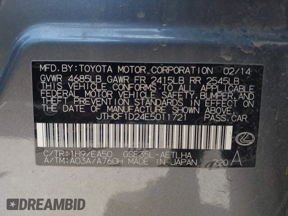2014 Lexus IS 250 with VIN JTHCF1D24E5011721, listed as a IAAI auction lot 42374087 with 115,613 mi miles and . Bid and sale history available at DreamBid. Image 9.