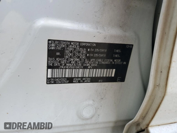 2016 Toyota RAV4 SE with VIN JTMJFREV5GD184074, listed as a Copart auction lot 60116955 with 182,240 mi miles and Salvage title. Bid and sale history available at DreamBid. Image 14.