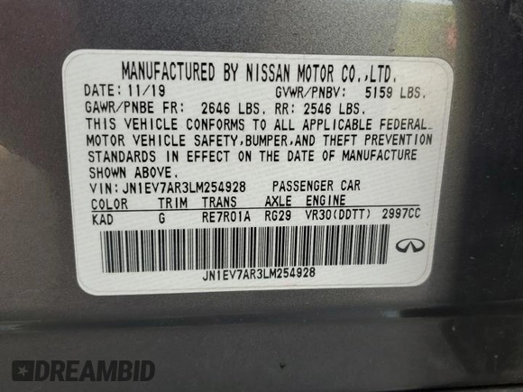 2020 Infiniti Q50 Luxe with VIN JN1EV7AR3LM254928, listed as a Copart auction lot 61452425 with 135,601 mi miles and Salvage title. Bid and sale history available at DreamBid. Image 12.