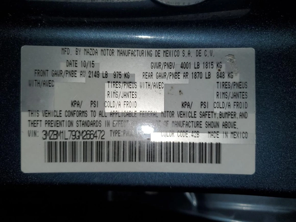 2016 Mazda 3 i Touring with VIN 3MZBM1L79GM266472, listed as a Copart auction lot 45714585 with 57,754 mi miles and Salvage Title. Bid and sale history available at DreamBid. Image 12.