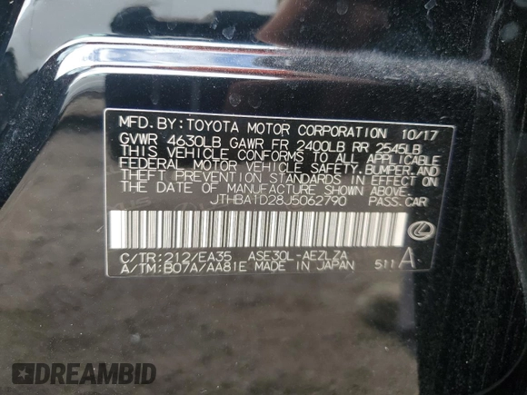 2018 Lexus IS 300 z VIN JTHBA1D28J5062790, wystawiony jako Copart lot #80482774 z przebiegiem 118 852 mil mil oraz Szkoda całkowita • Salvage title. Historia ofert i sprzedaży dostępna na DreamBid. Obrazek 12.