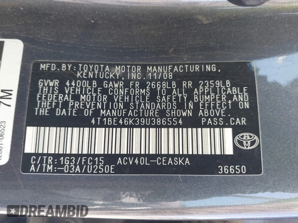 2009 Toyota Camry with VIN 4T1BE46K39U386554, listed as a IAAI auction lot 42127497 with 200,000 mi miles and . Bid and sale history available at carsss.com. Image 9.