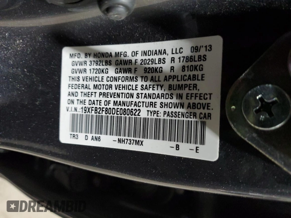 2013 Honda Civic EX with VIN 19XFB2F80DE080622, listed as a Copart auction lot 47538505 with Not Provided miles and Salvage Title. Bid and sale history available at DreamBid. Image 12.