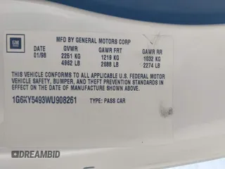 1998 Cadillac Seville STS z VIN 1G6KY5493WU908261, wystawiony jako IAAI lot #41933423 z przebiegiem 179 479 mil mil oraz . Historia ofert i sprzedaży dostępna na DreamBid. Obrazek 9.