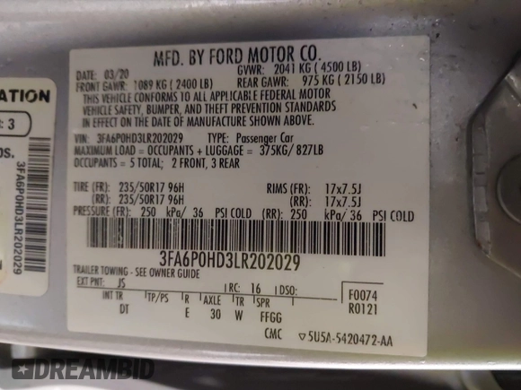 2020 Ford Fusion SE with VIN 3FA6P0HD3LR202029, listed as a IAAI auction lot 41655305 with 110,229 mi miles. Bid and sale history available at carsss.com. Image 9.