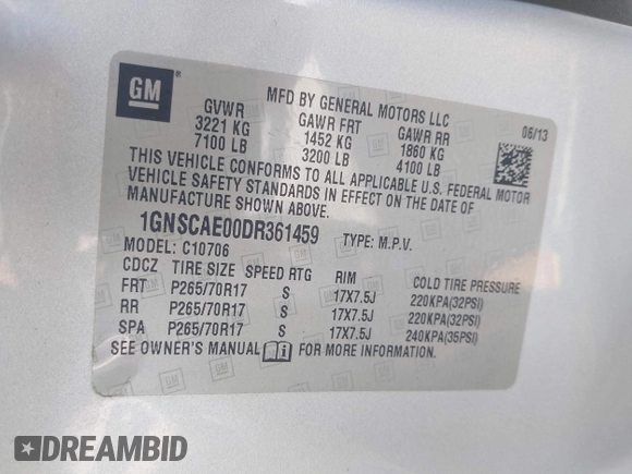 2013 Chevrolet Tahoe LS with VIN 1GNSCAE00DR361459, listed as a IAAI auction lot 41614458 with 171,925 mi miles and . Bid and sale history available at DreamBid. Image 9.