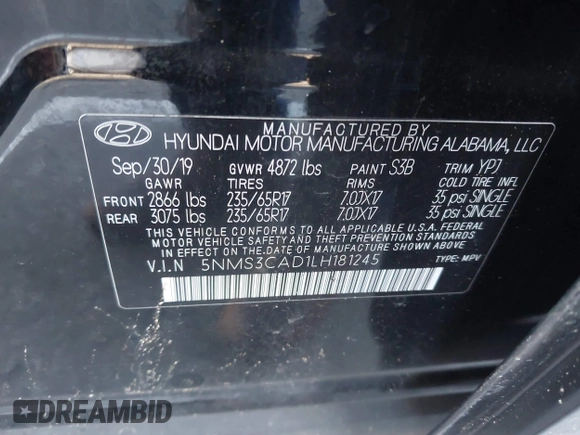2020 Hyundai Santa Fe SEL with VIN 5NMS3CAD1LH181245, listed as a IAAI auction lot 40952542 with 61,382 mi miles and . Bid and sale history available at DreamBid. Image 9.